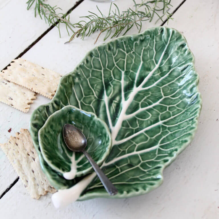 Majolica Cabbage Leaves Chip and Dip Nora Murphy Country House