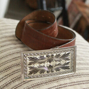 Vintage Western Leather Belt w/Hand Engraved Silver Plated Buckle