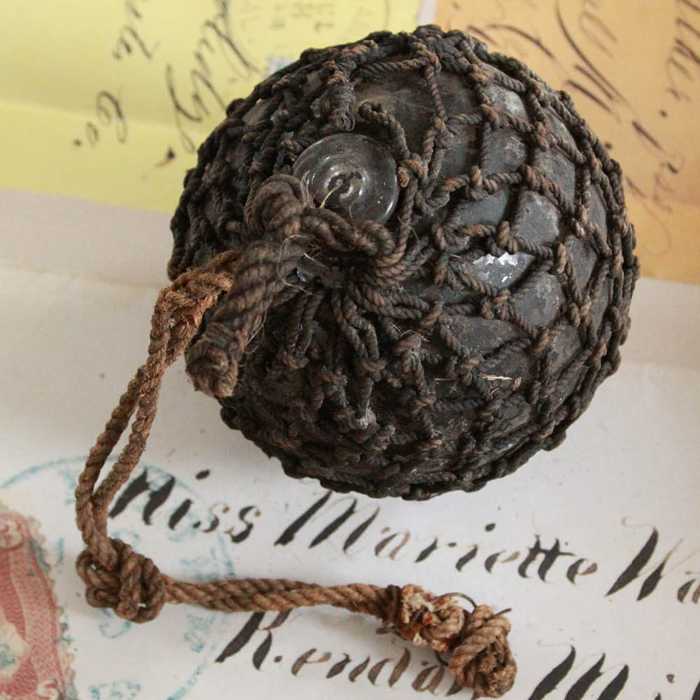 Antique Maritime Glass Fishing Float w/Original Rope Netting