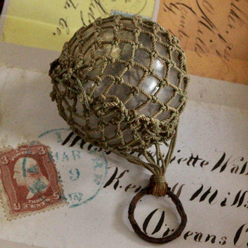 Vintage Glass Fishing Float w/Rope Netting and Iron Ring