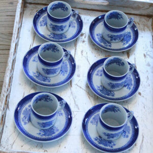 Vintage Blue Chinoiserie Demitasse Set/6 Cups & 6 Saucers