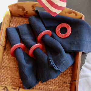 Glazed Ceramic Napkin Rings and Navy Linen Napkins/Set of 4 Place Settings