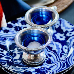 Newport Vintage Silver Plate Salt Cellar With Cobalt Glass Liners/Set of 2