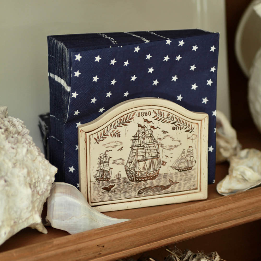 Nantucket Vintage Faux Scrimshaw Nautical Napkin Holder/Mail Organizer