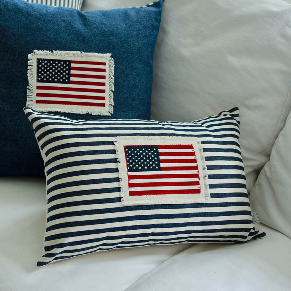 Custom Nautical Stripe Pillow with American Flag Applique