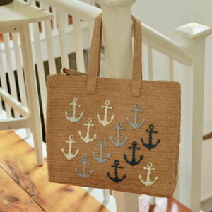 Vintage Woven Straw Tote with Embroidered Anchors